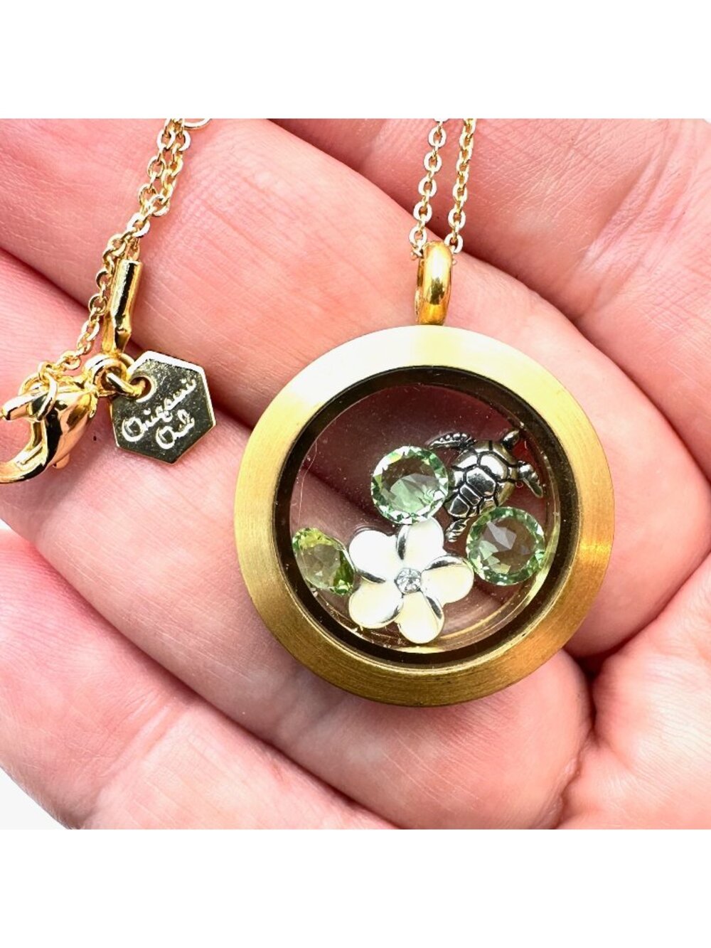 Orgami Owl Pendant Necklace Charms Green Crystal Flower Turtle 16 Inch Chain